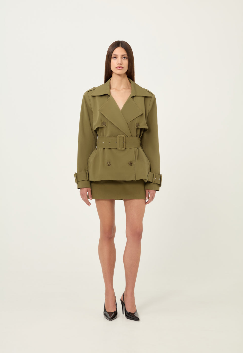 Cargo Cropped Trench Coat in Army Green