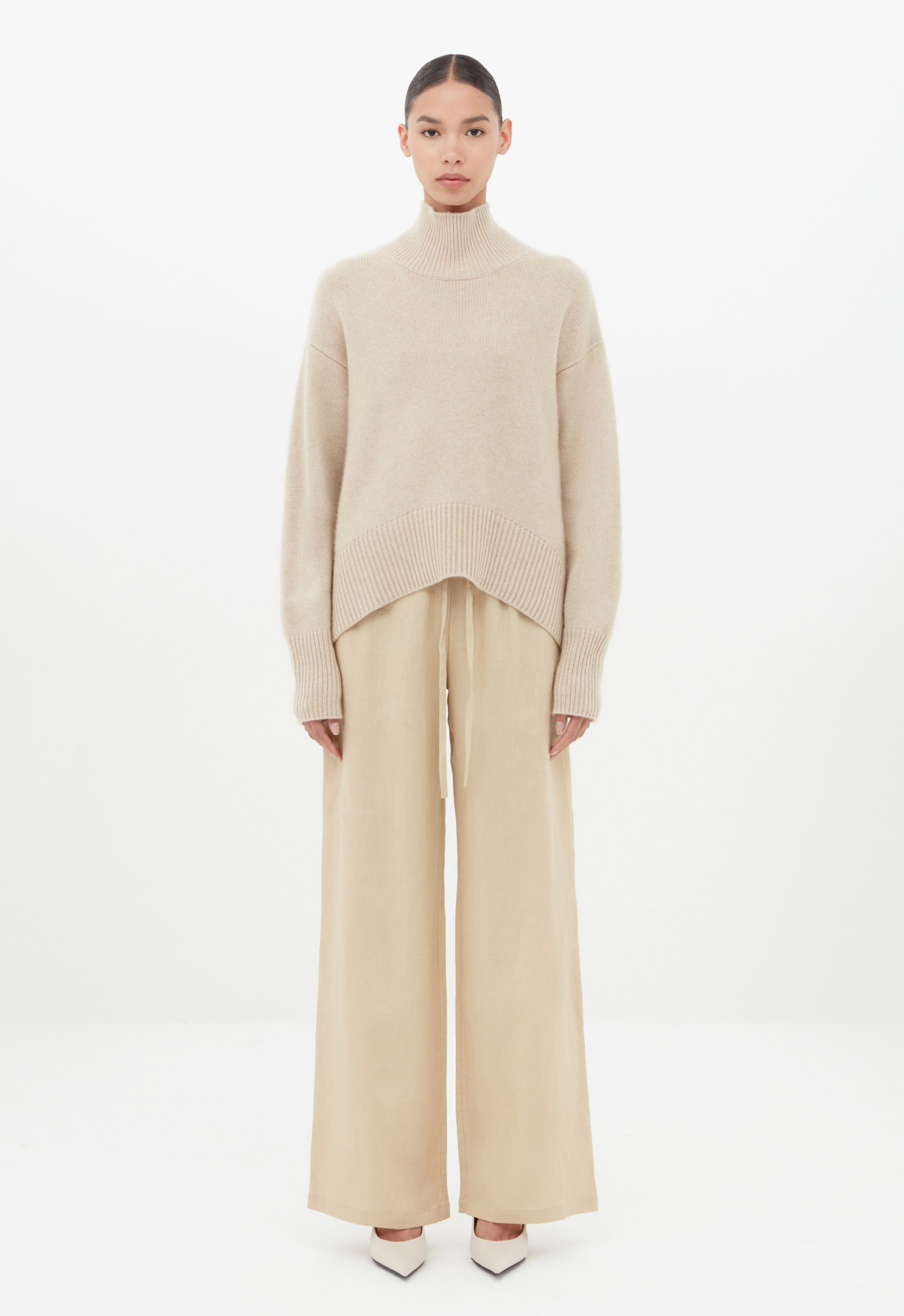 Cashmere Roll Neck Jumper in Beige AEXAE, Cashmere, Jumper, Beige