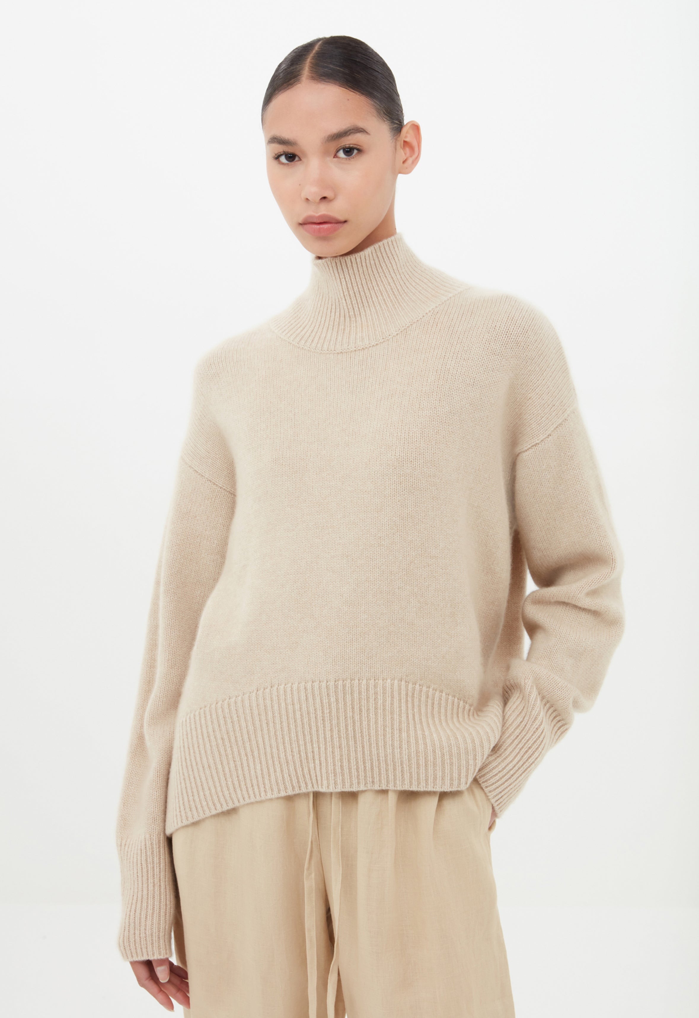 Cashmere Roll Neck Jumper in Beige AEXAE, Cashmere, Jumper, Beige