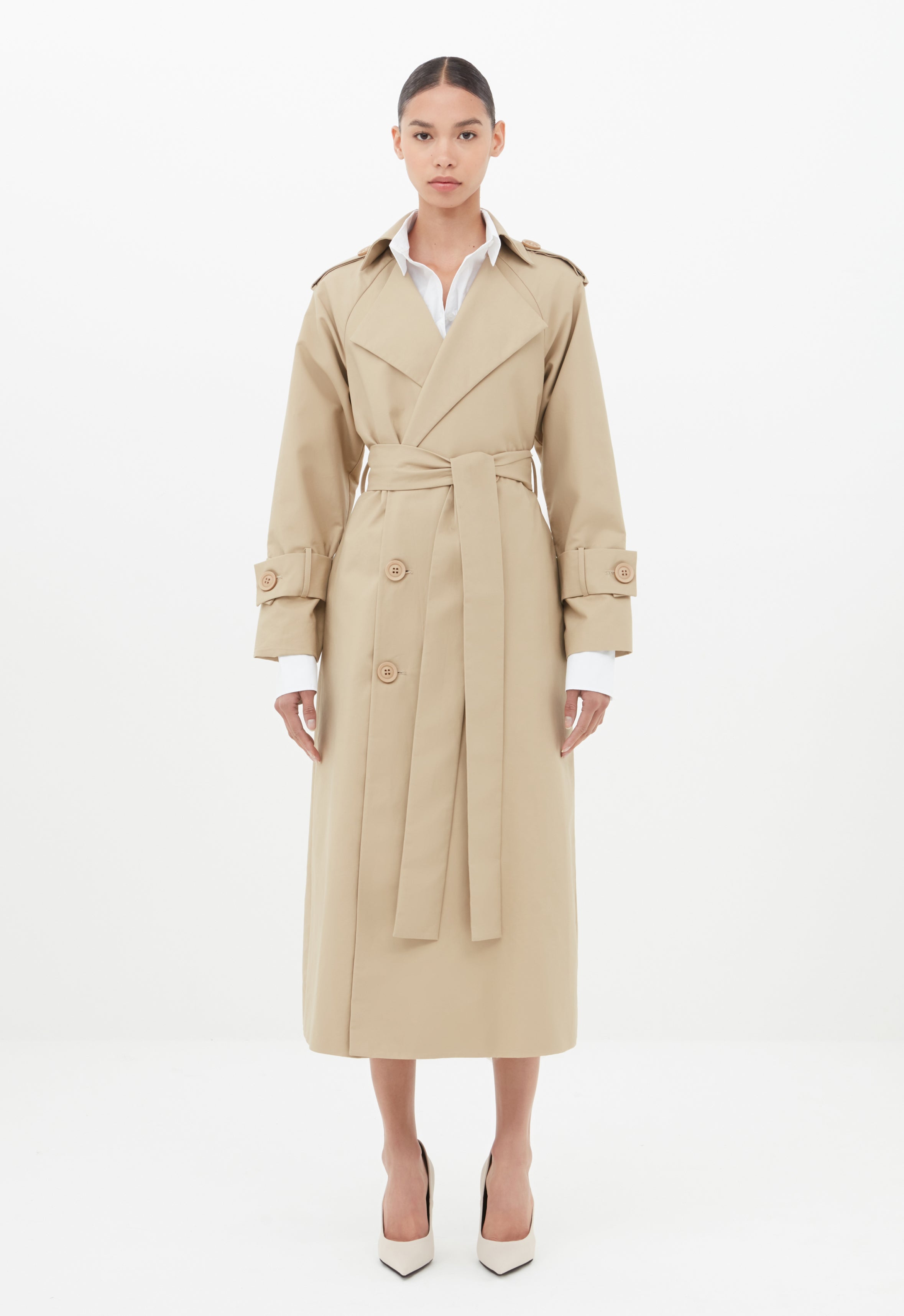 Cotton Trench Coat in Tan AEXAE, Cotton, Coat, Tan