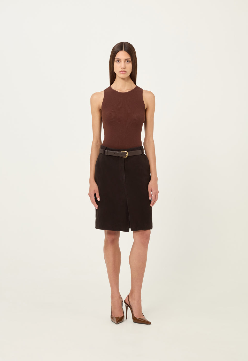 Leather Suede Midi Slit Skirt in Brown Suede