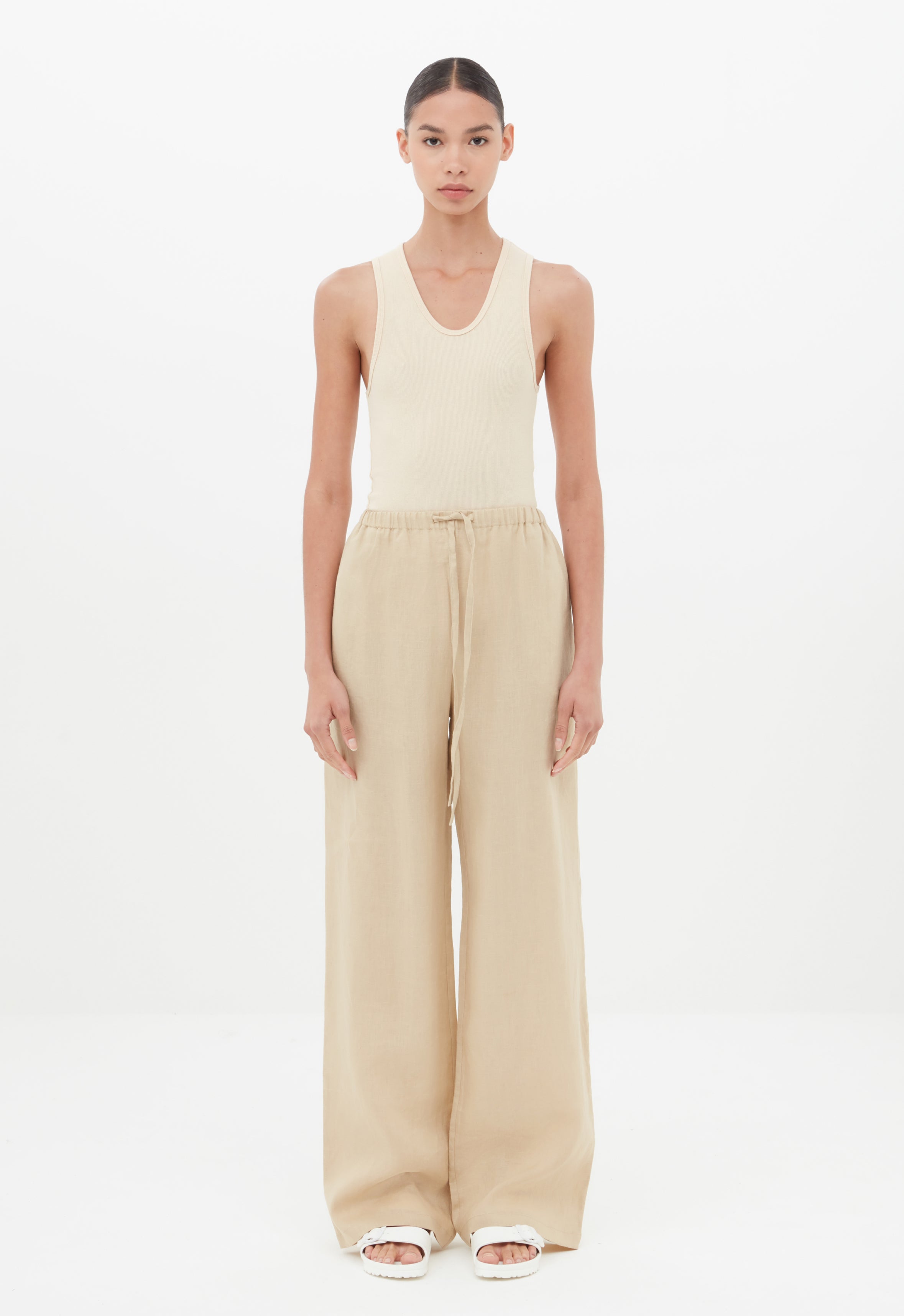 Linen Drawstring Pant in Beige Linen Drawstring Pant in Beige