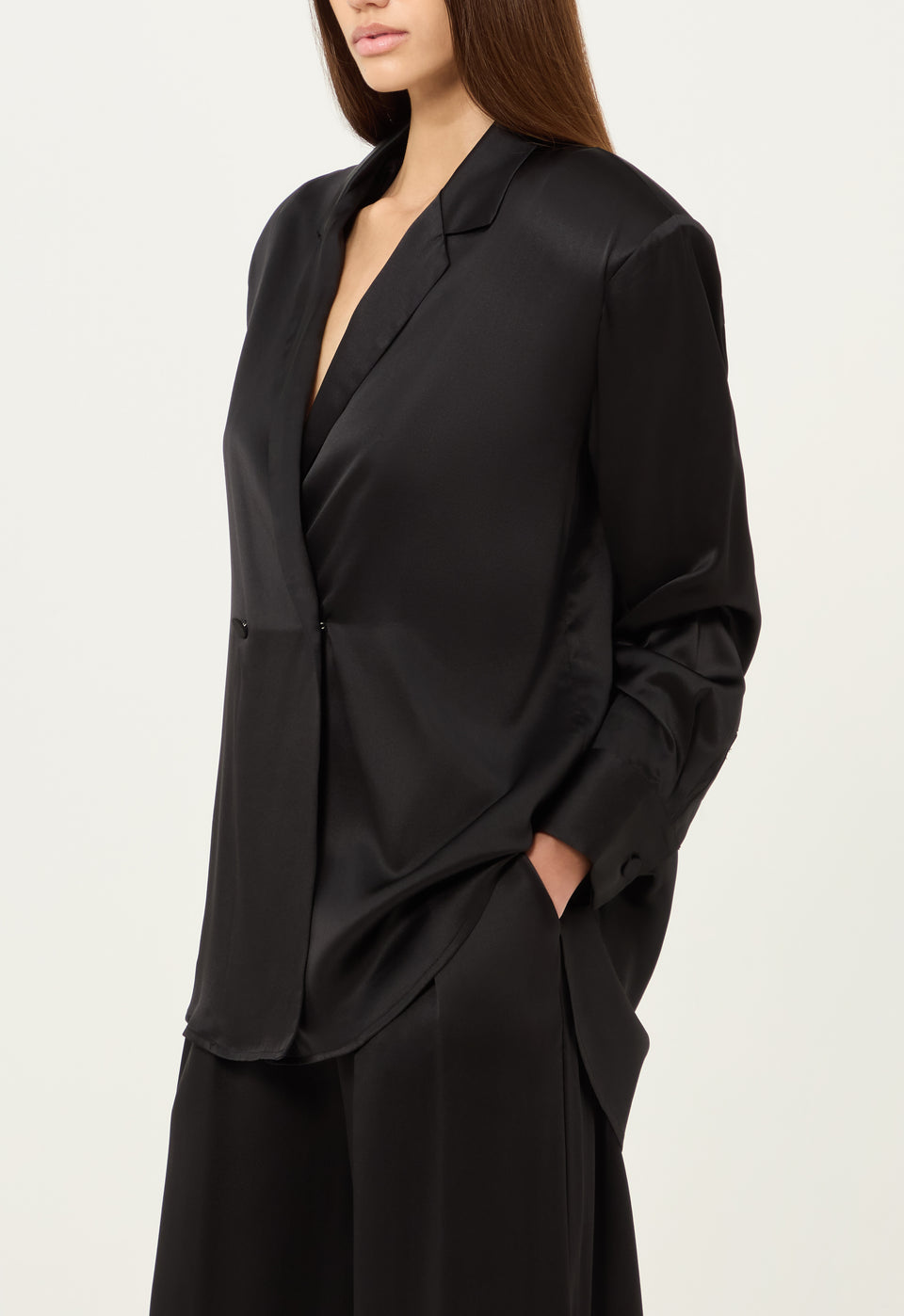 Silk Satin Double Breasted Long Sleeve Shirt in Black