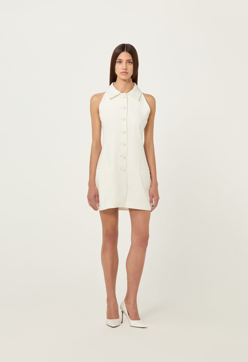 Twill Vest Mini Button Dress in White