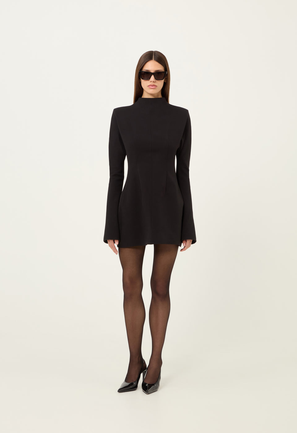 Wool Contoured Turtleneck Long Sleeve Mini Dress in Black