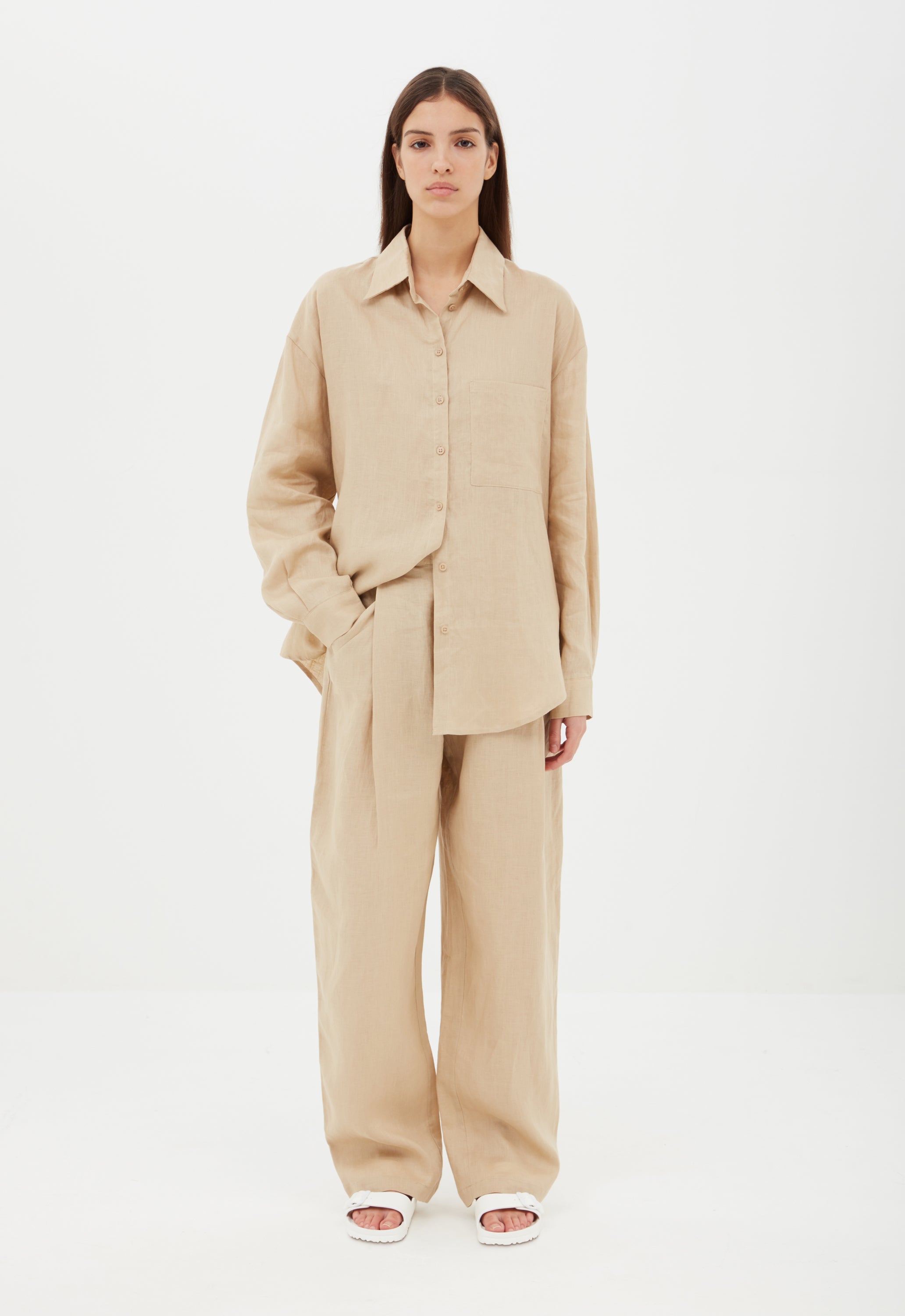 Linen High-Rise Trouser in Beige Aexae, Linen High-Rise Trousers, Beige