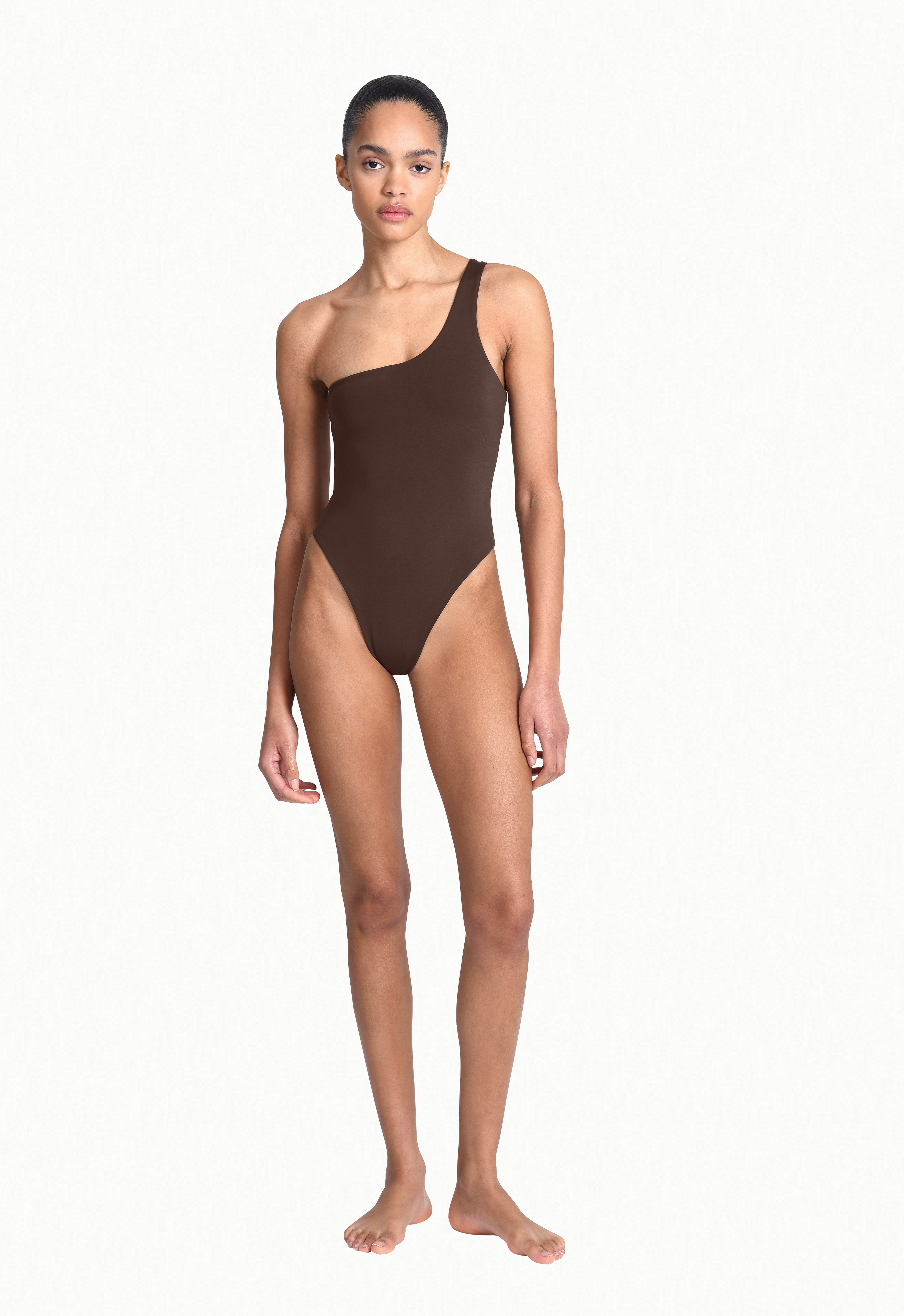 One Shoulder One-Piece in Brown Aexae, One Shoulder One Piece, Brown