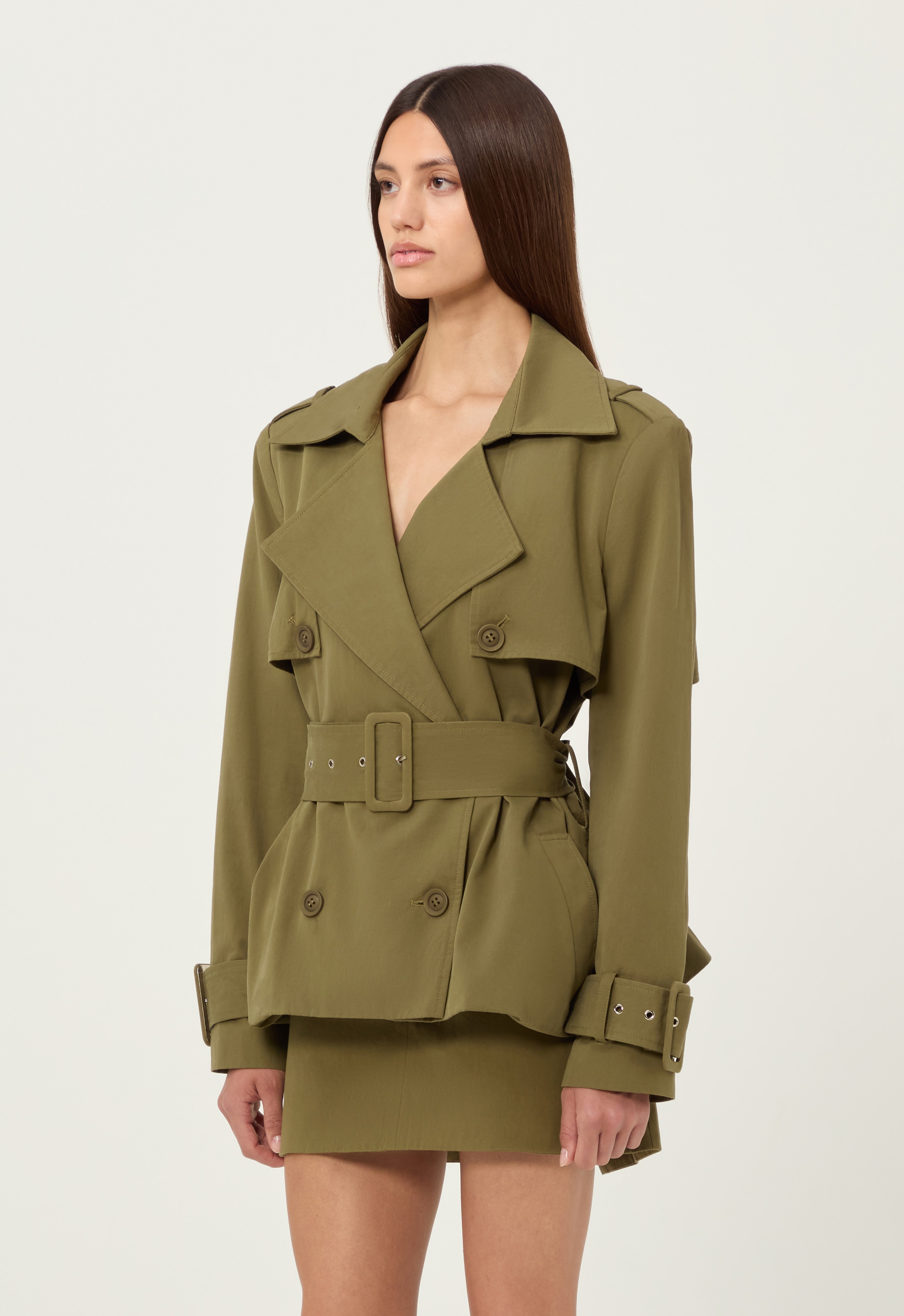 Cargo Cropped Trench Coat in Army Green