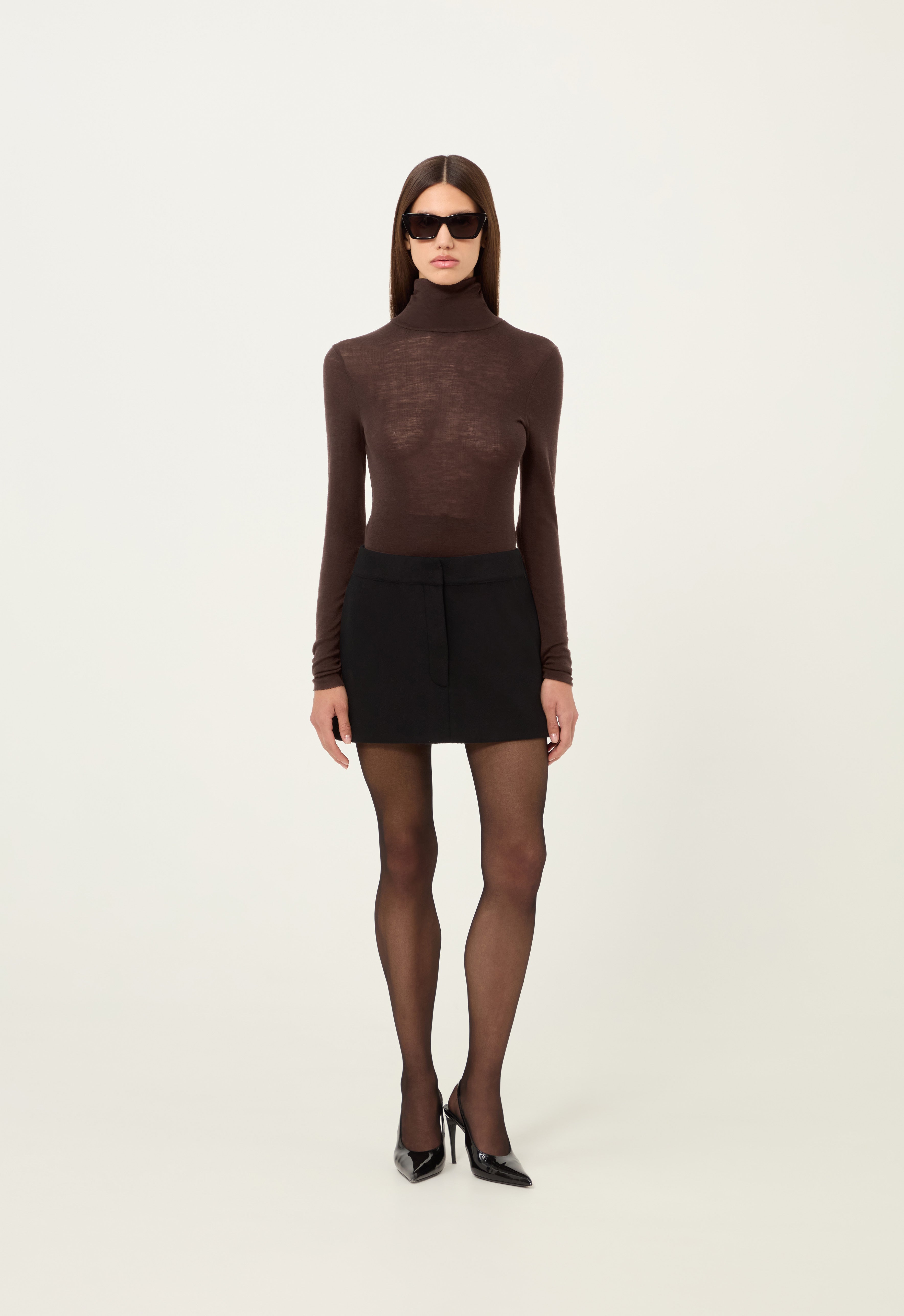 Wool Sheer Turtleneck Top in Brown