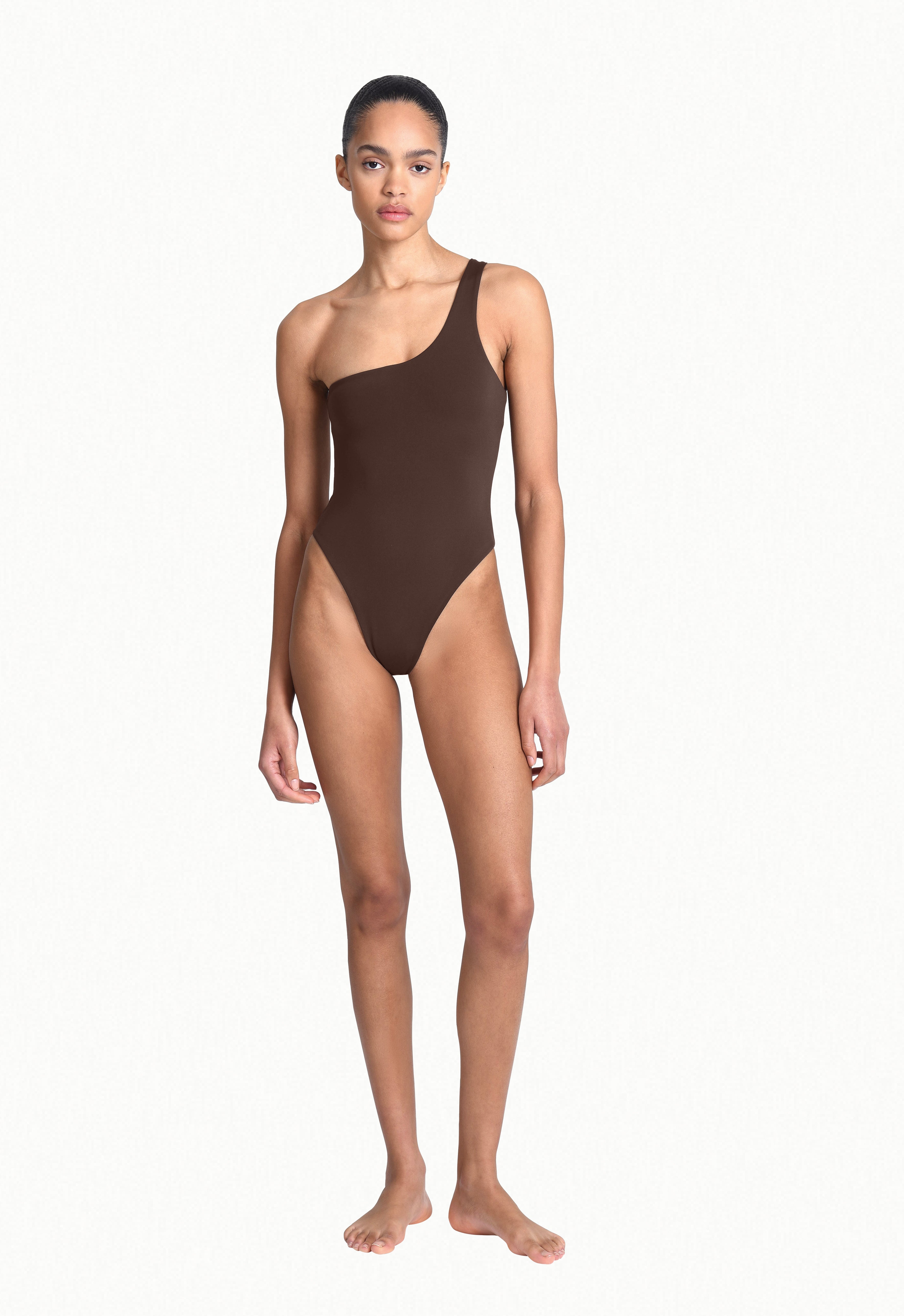Shop One Shoulder One-Piece in Brown Swimwear AEXAE